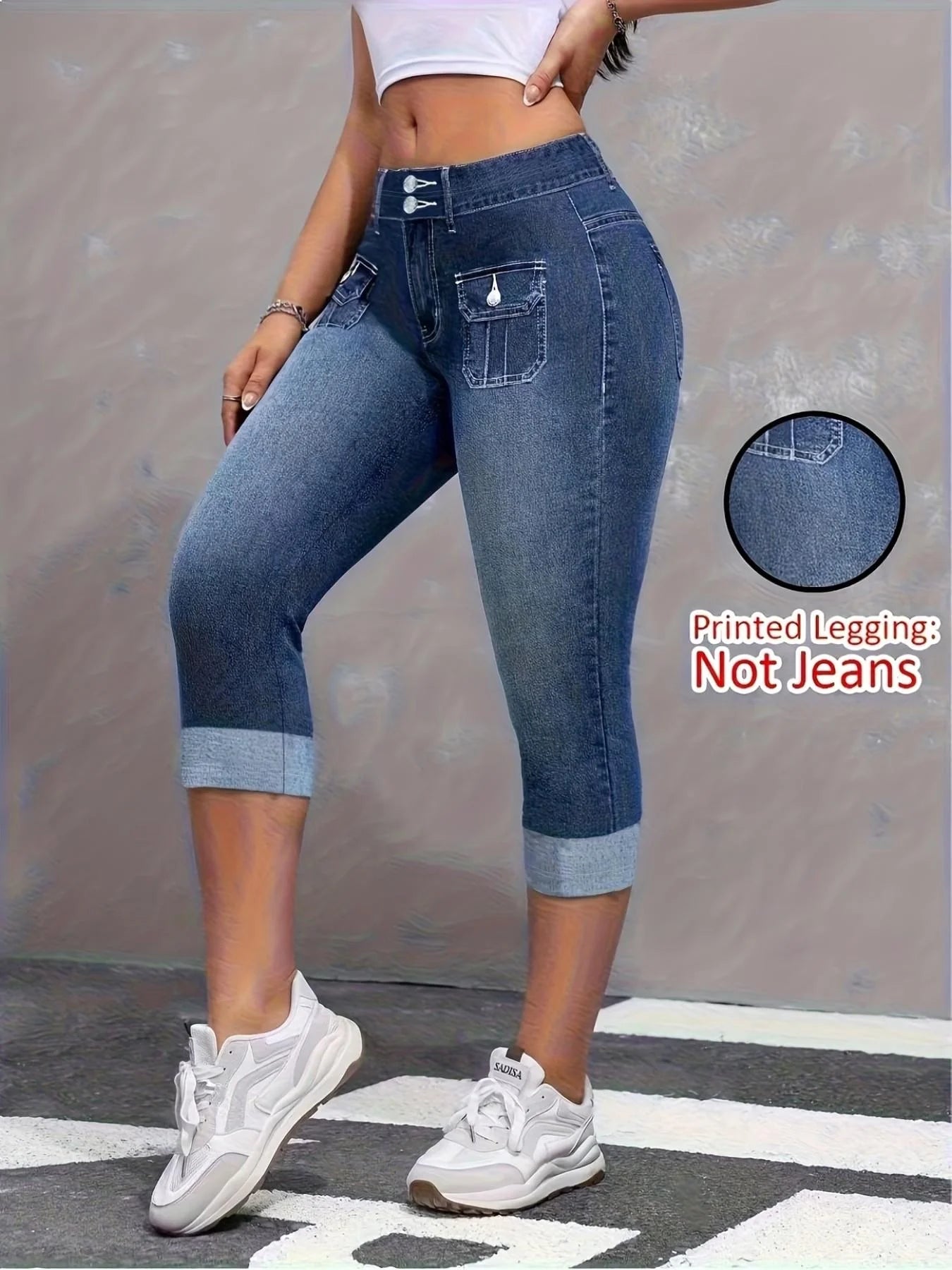 7188Women's faux denim printed capri leggings, non-denim casual skinny pants, thin breathable sports casual yoga pants