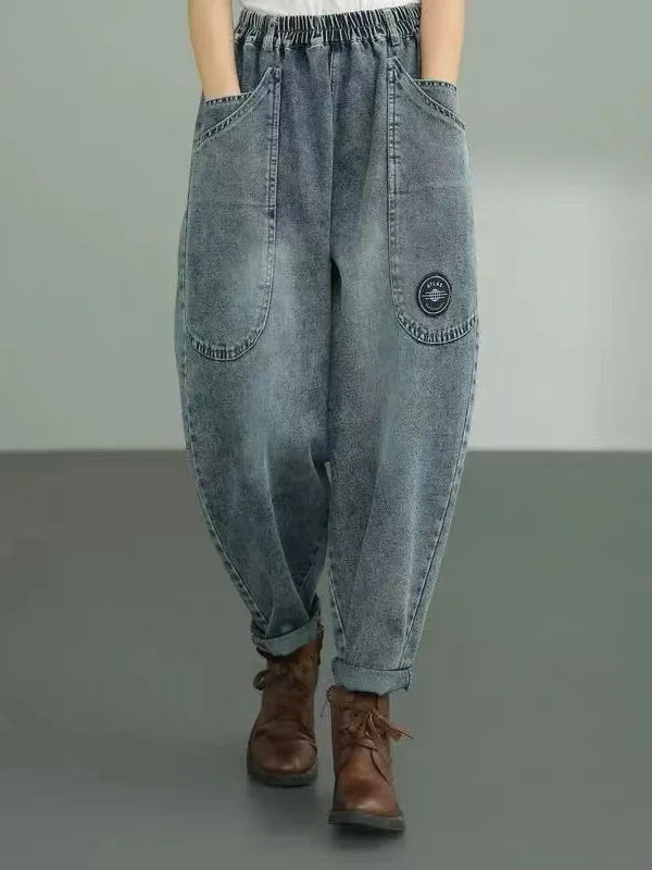 Spring Autumn New Women's Jeans Elastic Waist Loose Fit Slimming Casual