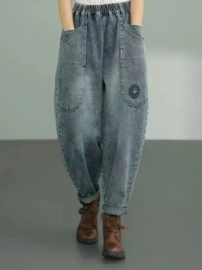 Spring Autumn New Women's Jeans Elastic Waist Loose Fit Slimming Casual