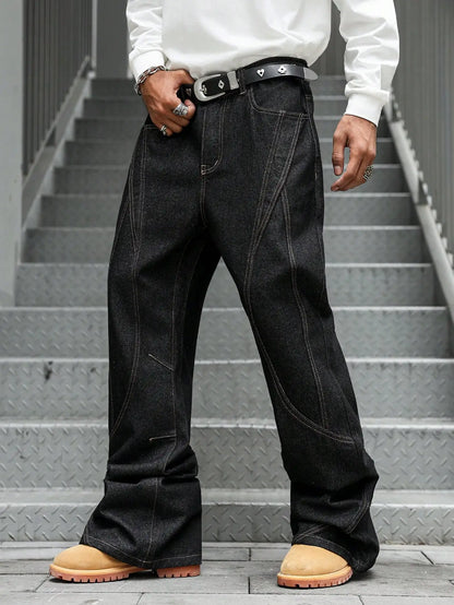 Men's Fashion Trend Casual Patchwork Distressed Flared Black Jeans, Loose, Comfortable, and Breathable Style.