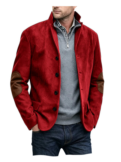 Vintage Men's Suede Blazer Notch Lapel Elbow Patches Slim Fit Jacket Business Casual Men Fashion Outerwear for Spring Autumn