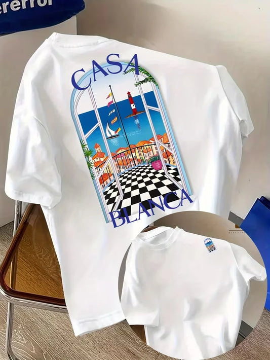 Casablanca Aesthetic Y2K Architectural Graphic Unisex Casual Round Neck Short Sleeve Summer Neutral Streetwear T Shirt