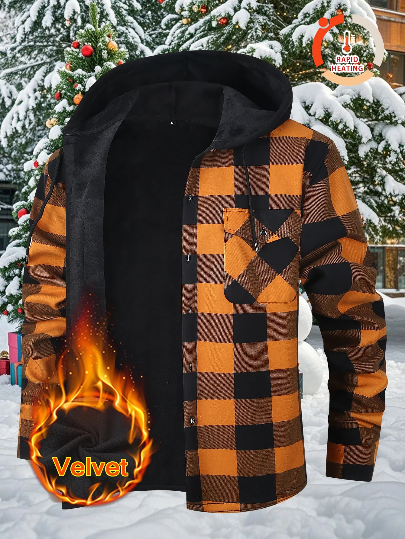 Men's Plaid Sherpa-Lined Hooded Jacket, 2025 New Winter Warm Fleece Loose Fit Long Sleeve Coat, Casual Outdoor Zip Up