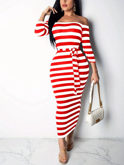 New 2024 Casual Women Dress Summer Striped Bodycon Midi Dresses Slash Neck Lace Up Three Quarter Pencil Dresses