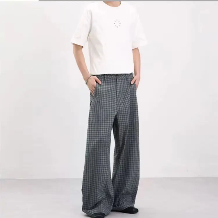 Vintage Pleated Check Trousers Men Relaxed-Fit, Versatile Casual Trousers with a Lazy Vibe Soft Comfortable