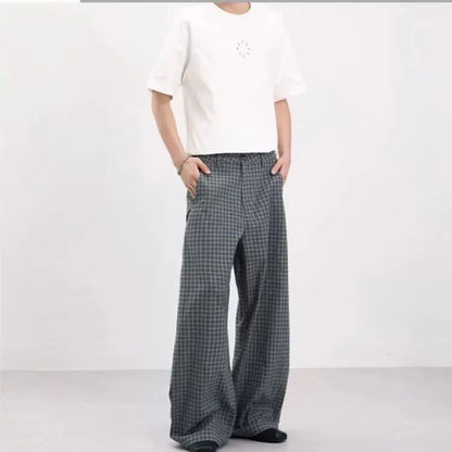 Vintage Pleated Check Trousers Men Relaxed-Fit, Versatile Casual Trousers with a Lazy Vibe Soft Comfortable