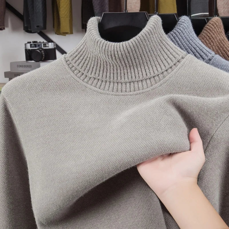 Luxury Man Long-Sleeved Knitwear High Neck Fleece-Lined Thickened Solid Color European American Style Sweater Leisure Men's Wear