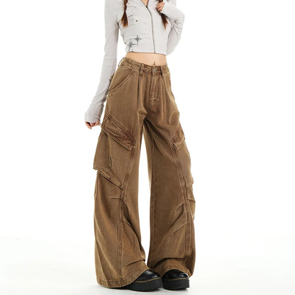 Retro Casual High Waisted Baggy Cargo Jeans Women Washed Distressed Wide Leg Pants Brown Denim Y2K Streetwear Vintage Trousers