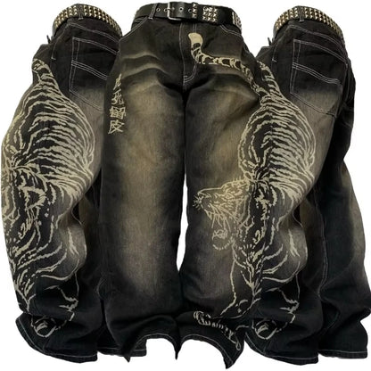 Vinatge Popular Casual Wild Letter Embroidered Baggy Jeans Women Y2K Gothic High Waist Straight Wide Leg Trousers