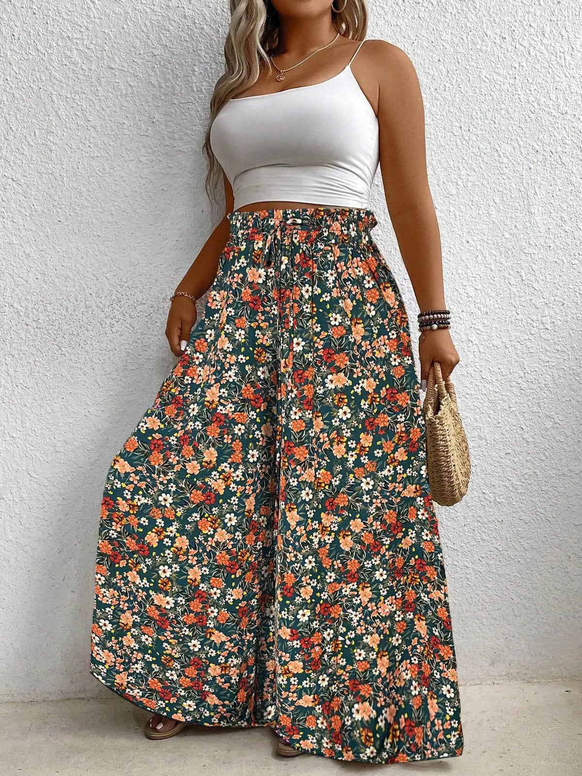 Plus Size Women's Clothing Loose Comfortable Casual Style Summer Printed Long Pants Elastic Waist Drawstring