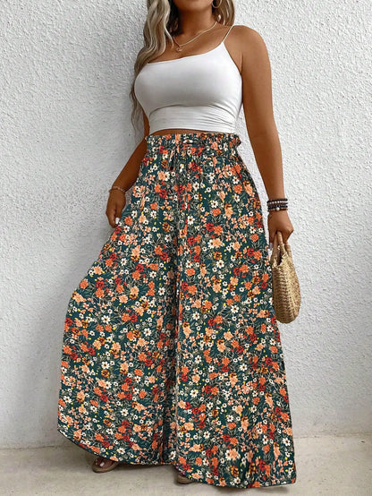 Plus Size Women's Clothing Loose Comfortable Casual Style Summer Printed Long Pants Elastic Waist Drawstring