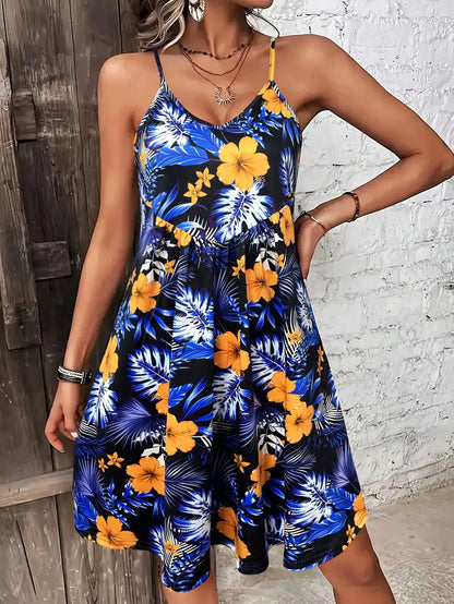 Summer Vacation Style Print V-Neck Spaghetti Strap Dress，Camisole Dress for vacation outfits,bohemia dresses for women summer