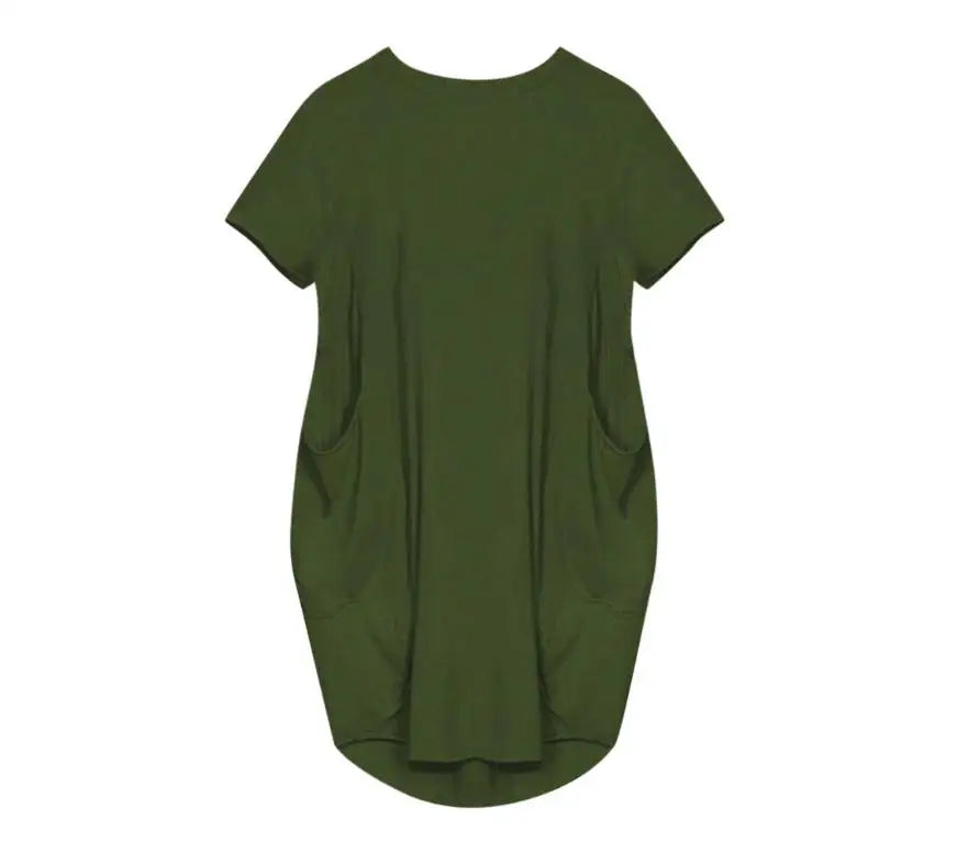 Plus Size Women Short Sleeve O-Neck Loose Casual Dresses Casual Short Sleeve Shirt Mini Dresses Round Neck Pockets Sexy Female T