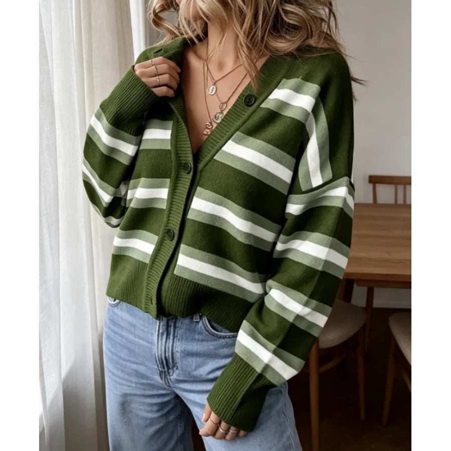 Womens Long Sleeve Cropped Striped Chunky Knit Cardigans Sweaters Long Sleeve Lightweight Open Front Button Tops Outfits
