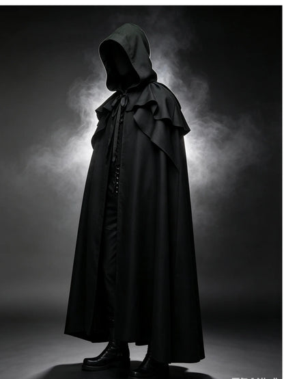 Medieval Vintage Hooded Long Cos Cloak, Dark Green Double Lapel Tie Cape, Unisex Ranger Hunter Wizard Role Play Costume, Retro Gothic Cosplay Coat