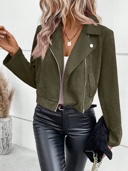 Faux Suede Women Jakcet Zipper Fly Lapel Buttons Motorcycle Jacket Leather Jacket Windproof High Street Biker Jacket Cardigan