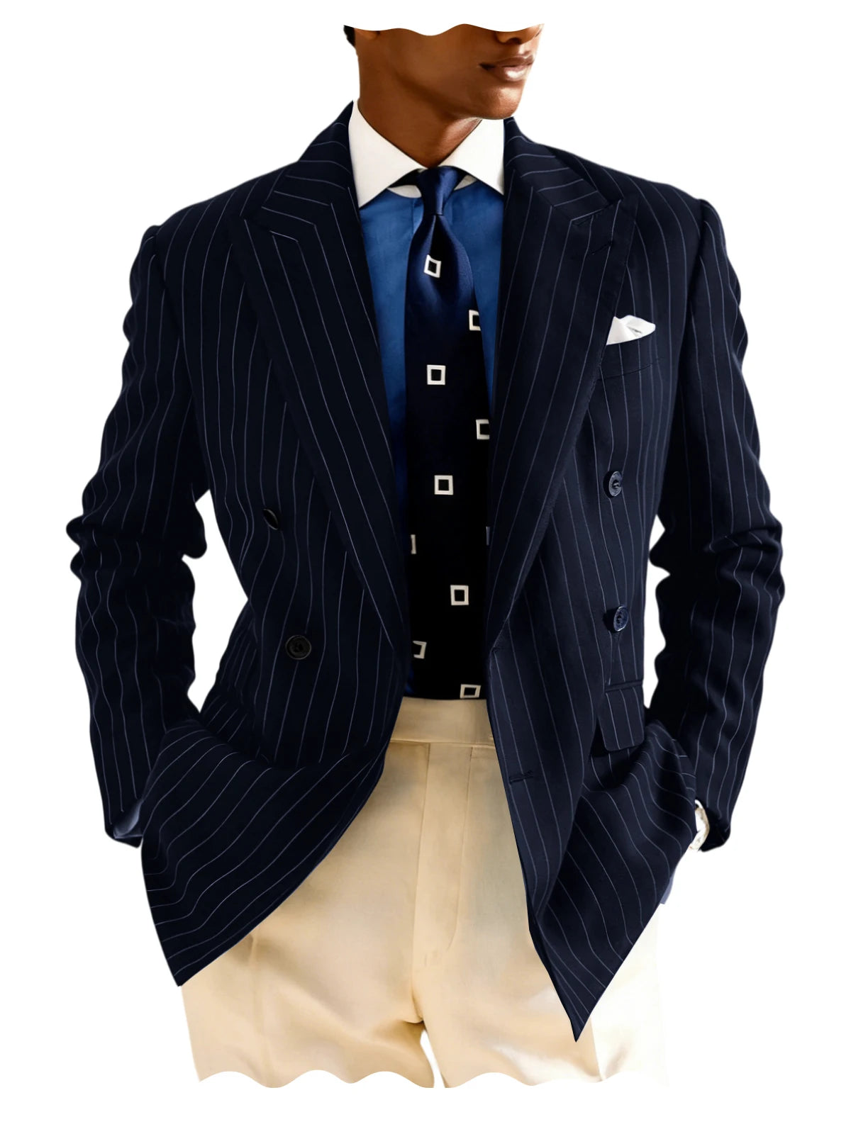 Men's Pinstripe Double Breasted Blazer Classic Peak Lapel Slim Fit Striped Suit Jacket For Party Prom Business Formal Coats