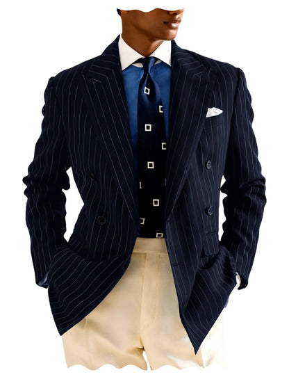 Men's Pinstripe Double Breasted Blazer Classic Peak Lapel Slim Fit Striped Suit Jacket For Party Prom Business Formal Coats