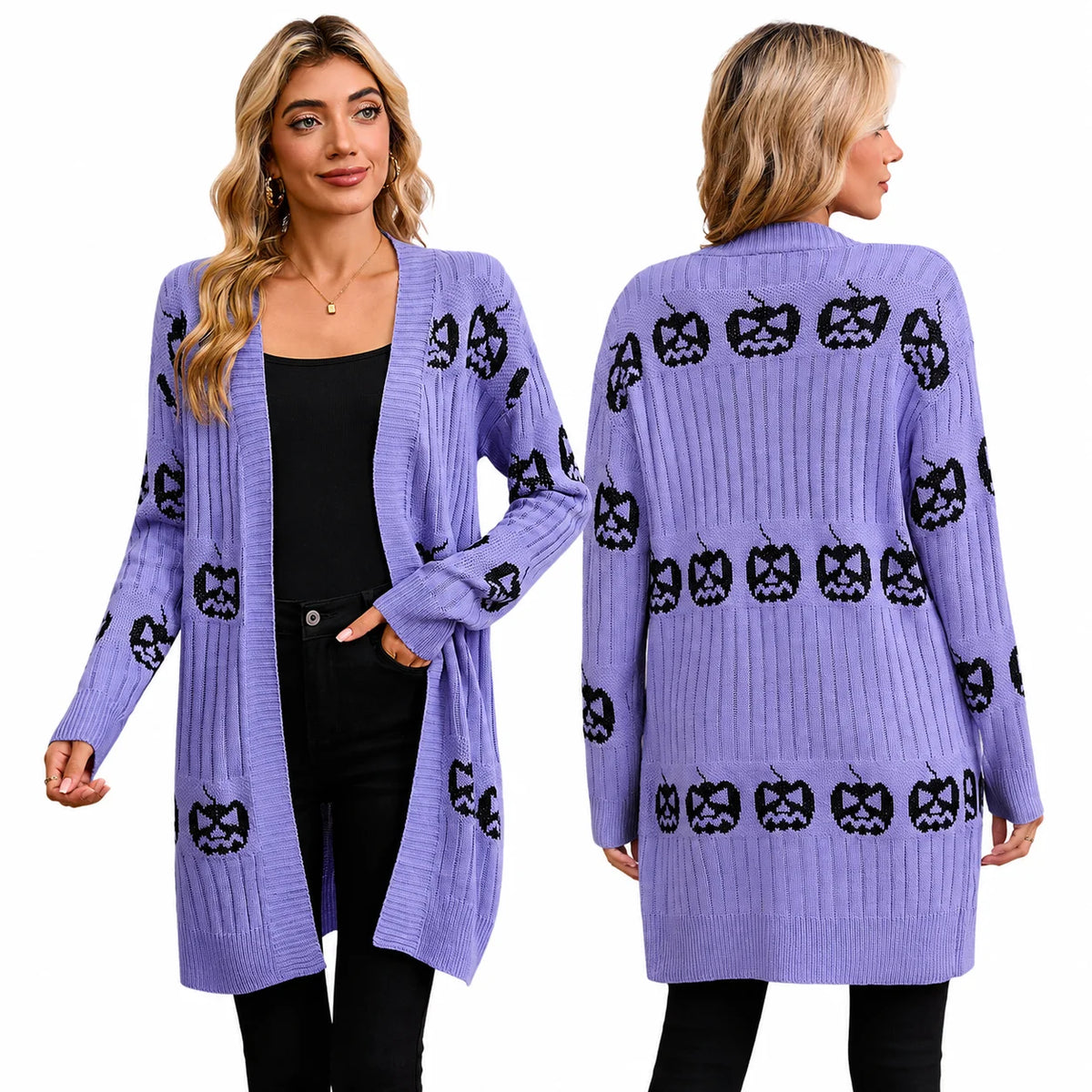 Women Halloween Open Front Cardigan, Pumpkin Face Jacquard Knit Long Sleeve Cardigan, Loose V‑Neck Mid‑Length Sweater Coat with Pockets