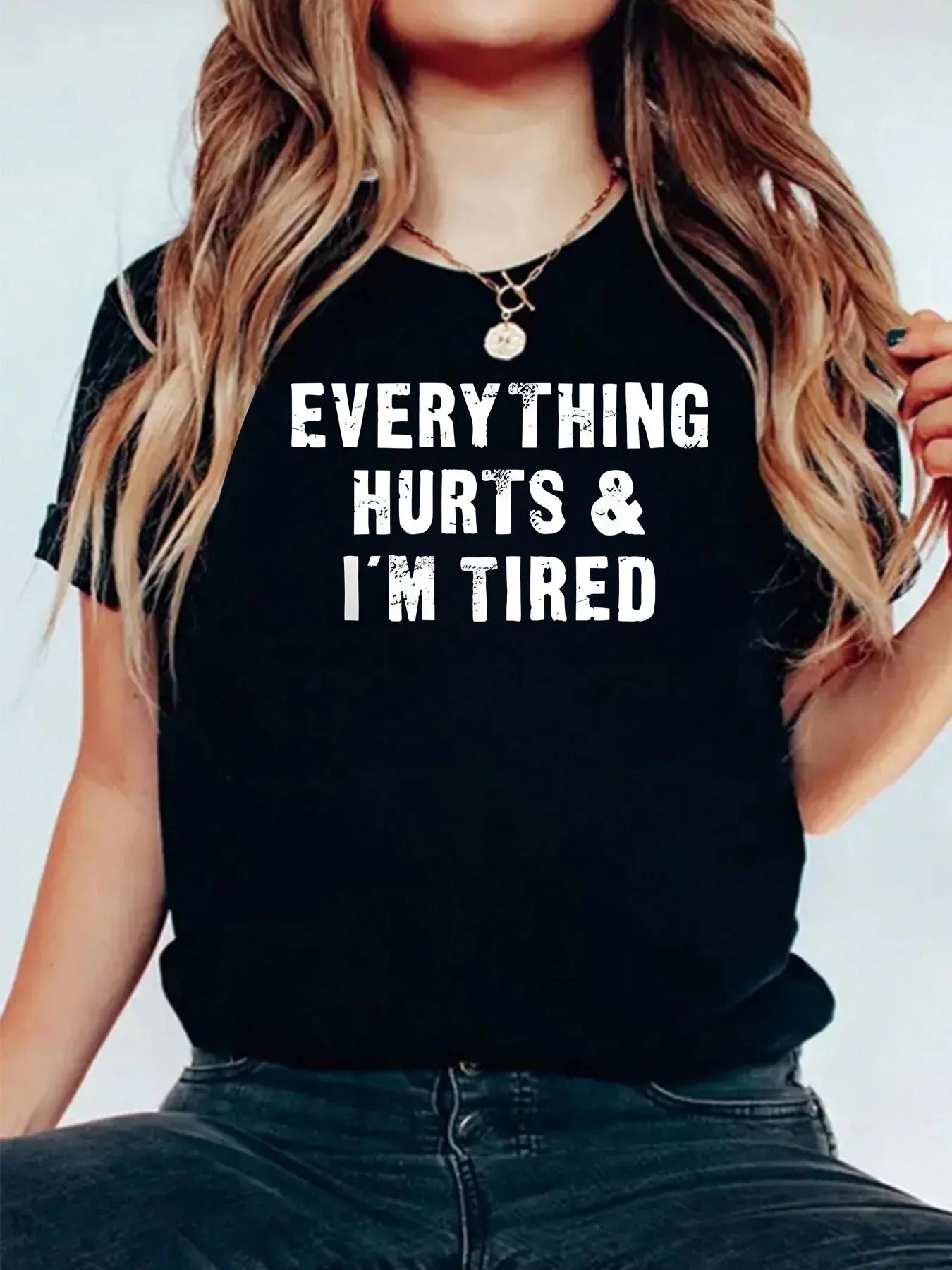 Everything Hurts I'm Tired Funny Workout 1 Pcs Women's Plus Size T-Shirt Funny Oversized Graphic Short Sleeve Tee Novelty 100% Cotton Shirt Casual