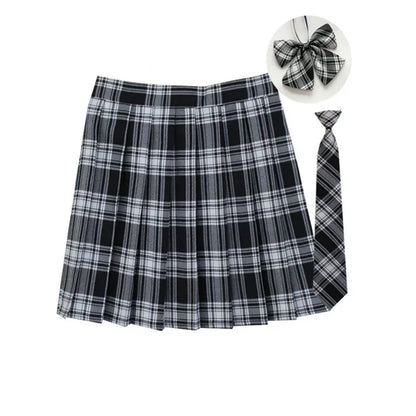 Women Summer Plaid Pleated Skirt With Necktie Bowtie Korean Jk Skirt Uniform Japanese School Preppy A Line Mini Skirts