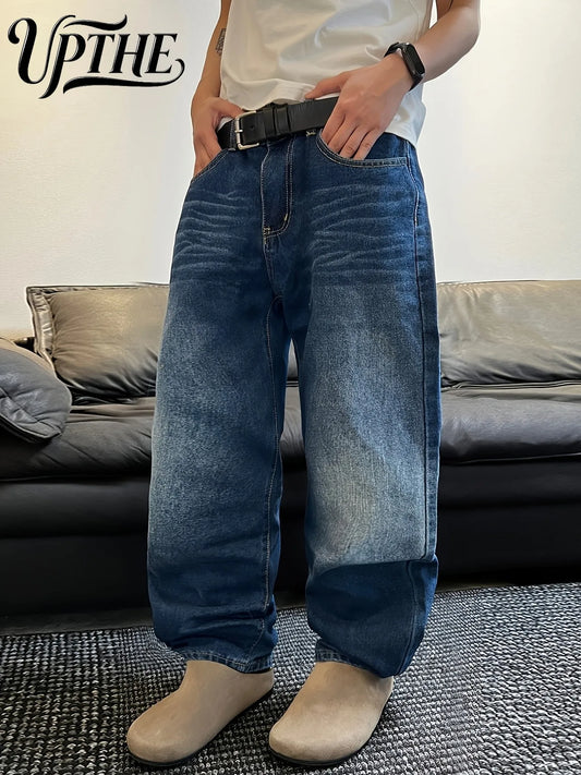 UP.THE Men's Wide-Leg Loose Jeans, Classic Blue-and-White Color Scheme, Y2K Vintage Casual Baggy Denim Pants,
