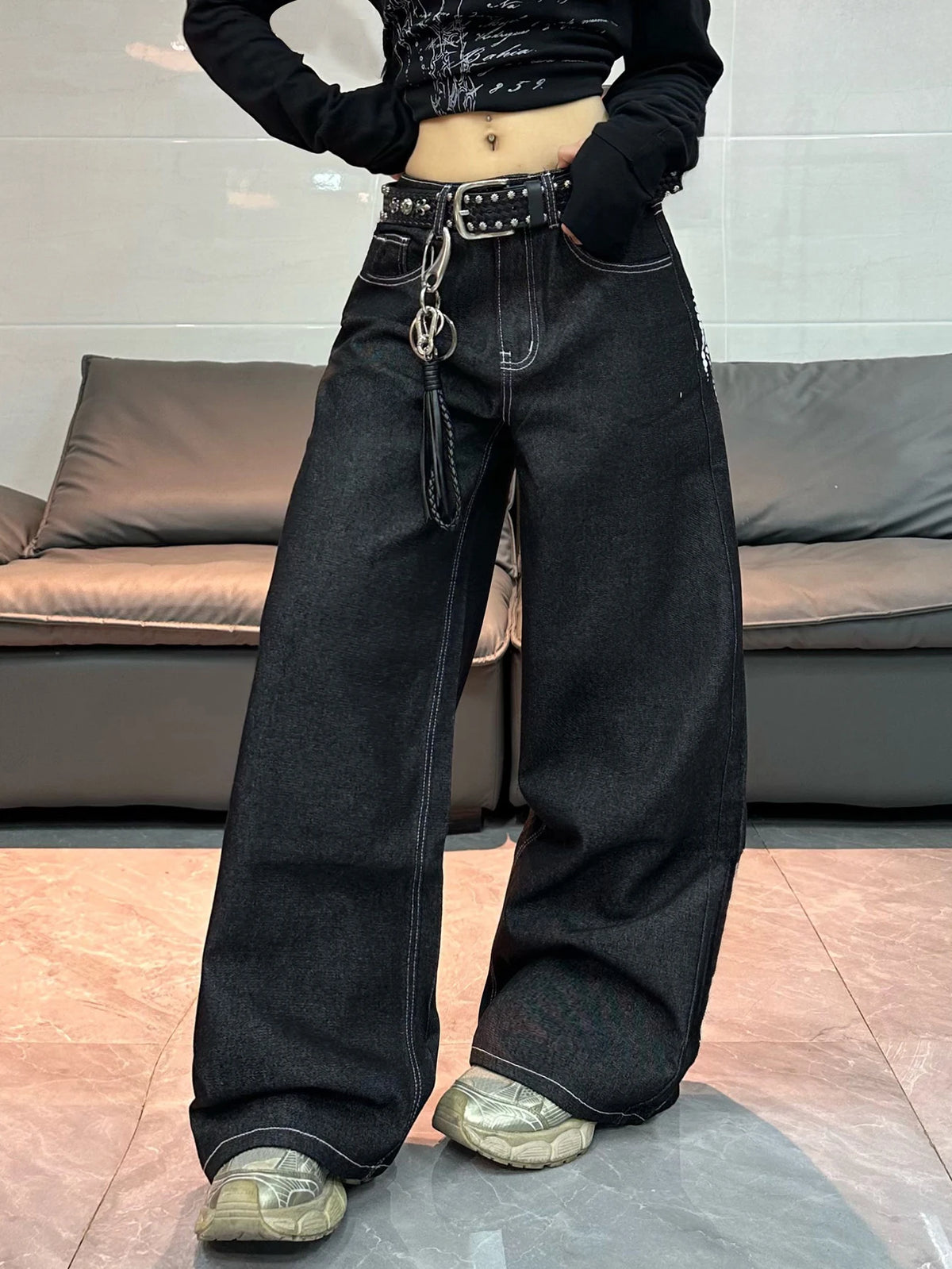 American Retro Angel Wings Print Black Women's Loose Wide-Leg Jeans Y2K Street Hip-Hop Trend Versatile Straight Trousers