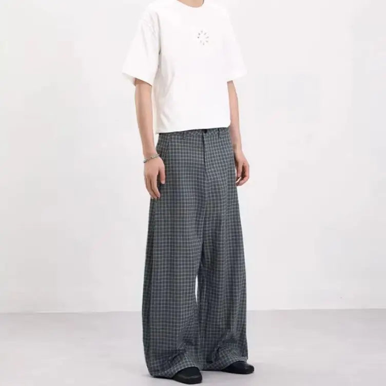 Vintage Pleated Check Trousers Men Relaxed-Fit, Versatile Casual Trousers with a Lazy Vibe Soft Comfortable