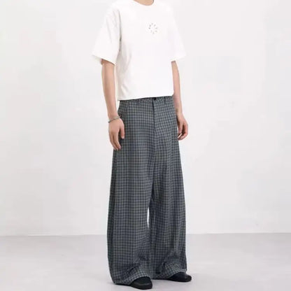 Vintage Pleated Check Trousers Men Relaxed-Fit, Versatile Casual Trousers with a Lazy Vibe Soft Comfortable