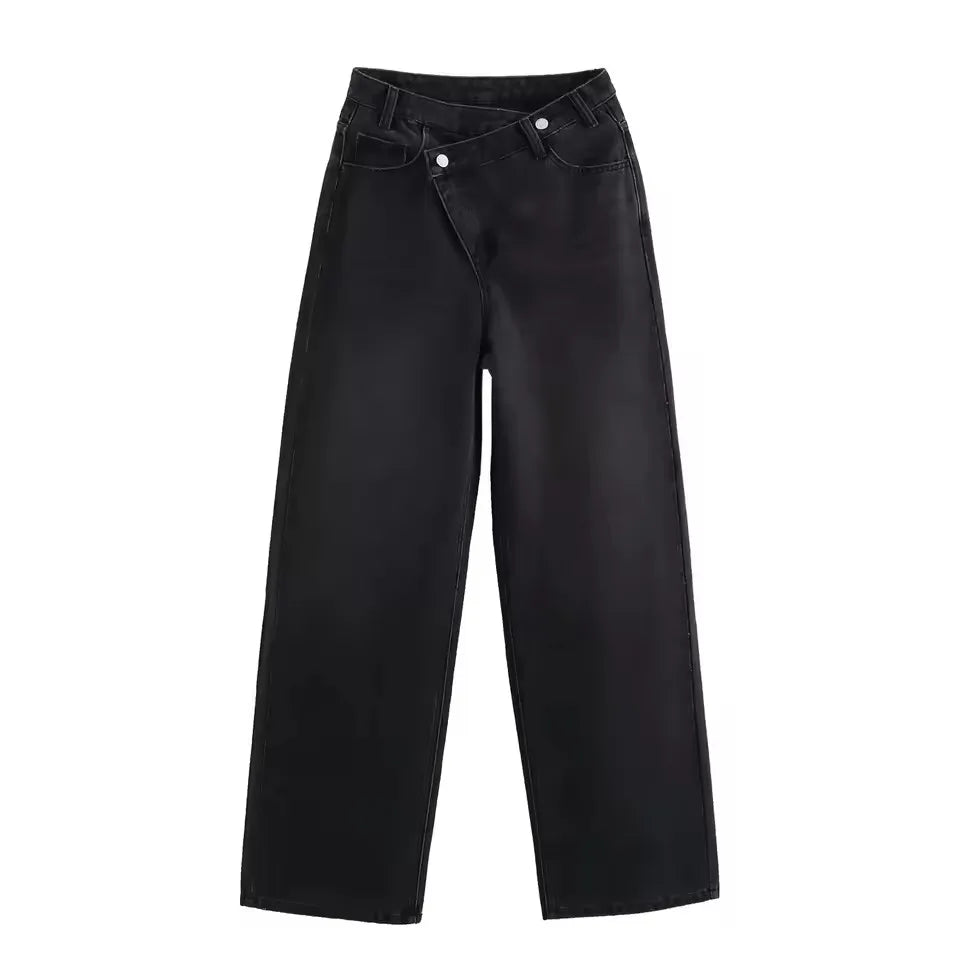 HH Women Vintage Cross Waist Wide Leg Jeans High Waist Asymmetrical Button Fly Baggy Denim Pants For Retro Street Style