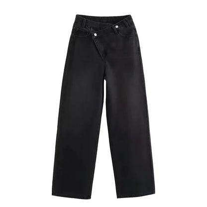 HH Women Vintage Cross Waist Wide Leg Jeans High Waist Asymmetrical Button Fly Baggy Denim Pants For Retro Street Style