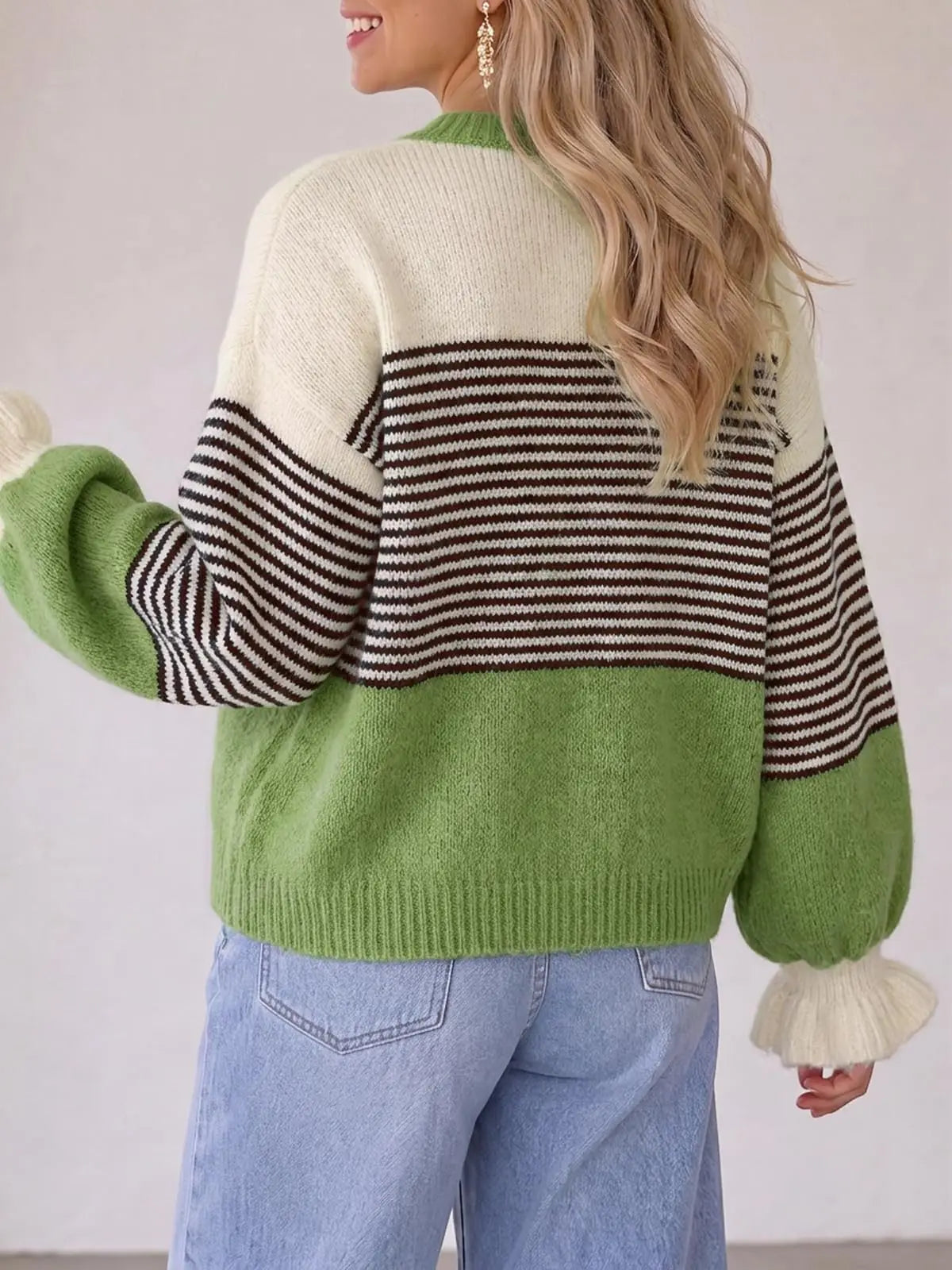 Womens Fall Striped Loose Cardigan Sweaters Ruffle Sleeve Button Up Color Block Sweater Coats