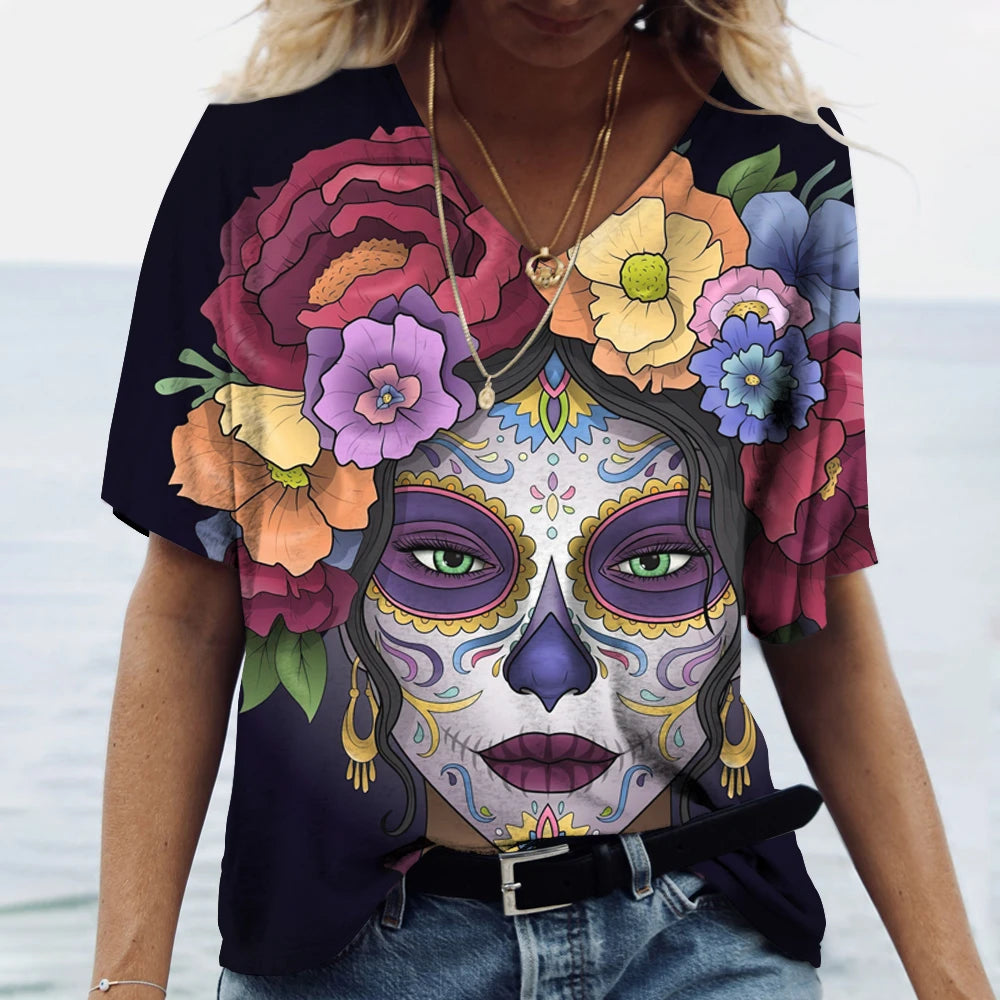 Skulls T-shirt Women's Shirt Fashion Short Sleeve New Casual Top Tee Ladies Girl Clothing V Neck T Shirt For Women