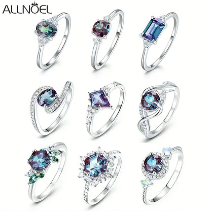 ALLNOEL 925 Sterling Silver Color Change Alexandrite Ring For Women Luxury Engagement Wedding Band Fine Jewelry