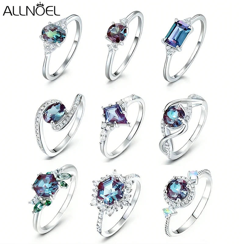 ALLNOEL 925 Sterling Silver Color Change Alexandrite Ring For Women Luxury Engagement Wedding Band Fine Jewelry