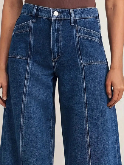 "Women’s Deep Blue Wide Leg Jeans - Stylish Denim Trousers for Comfort and Versatility