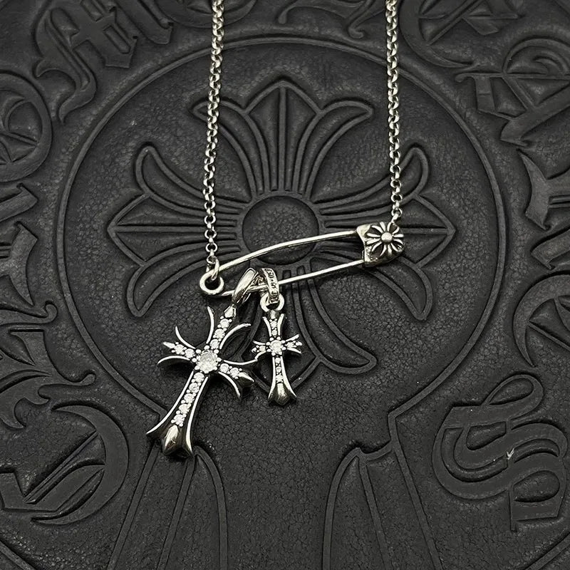 Antique Trendy Xuan Kao Luo Xin Retro Double Cross Pin Necklace Men and Women Personality Collarbone Chain Mix and Match Interne