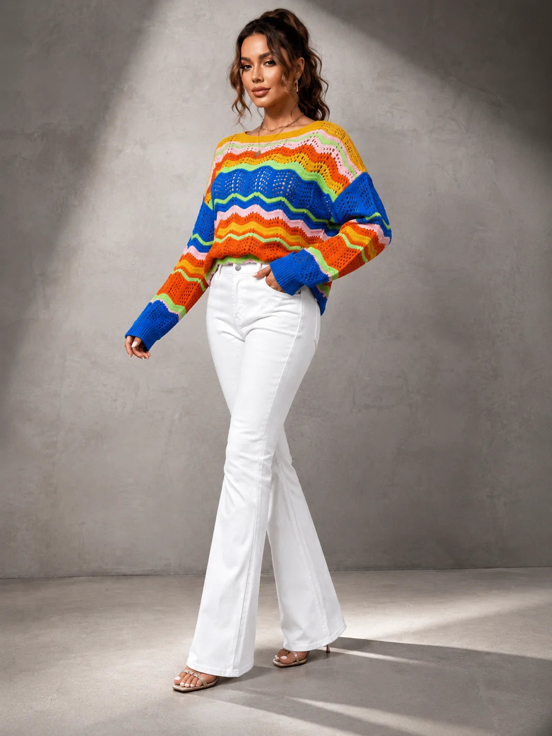 Colorful Wave Stripe Crochet Knit Sweater for Women, Hollow Out Long Sleeve Crewneck Loose Pullover Top, Y2K Retro Bohemian Sweater