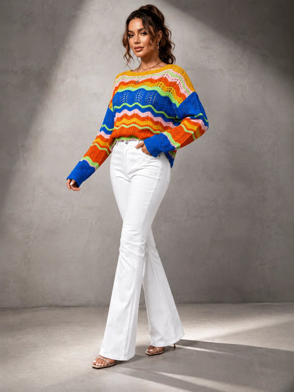 Colorful Wave Stripe Crochet Knit Sweater for Women, Hollow Out Long Sleeve Crewneck Loose Pullover Top, Y2K Retro Bohemian Sweater