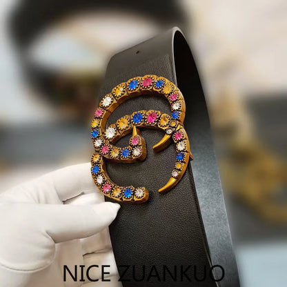 Women's Genuine Leather Belt, High-end European Women's Belt, with Colorful Rhinestones in A Casual Style,