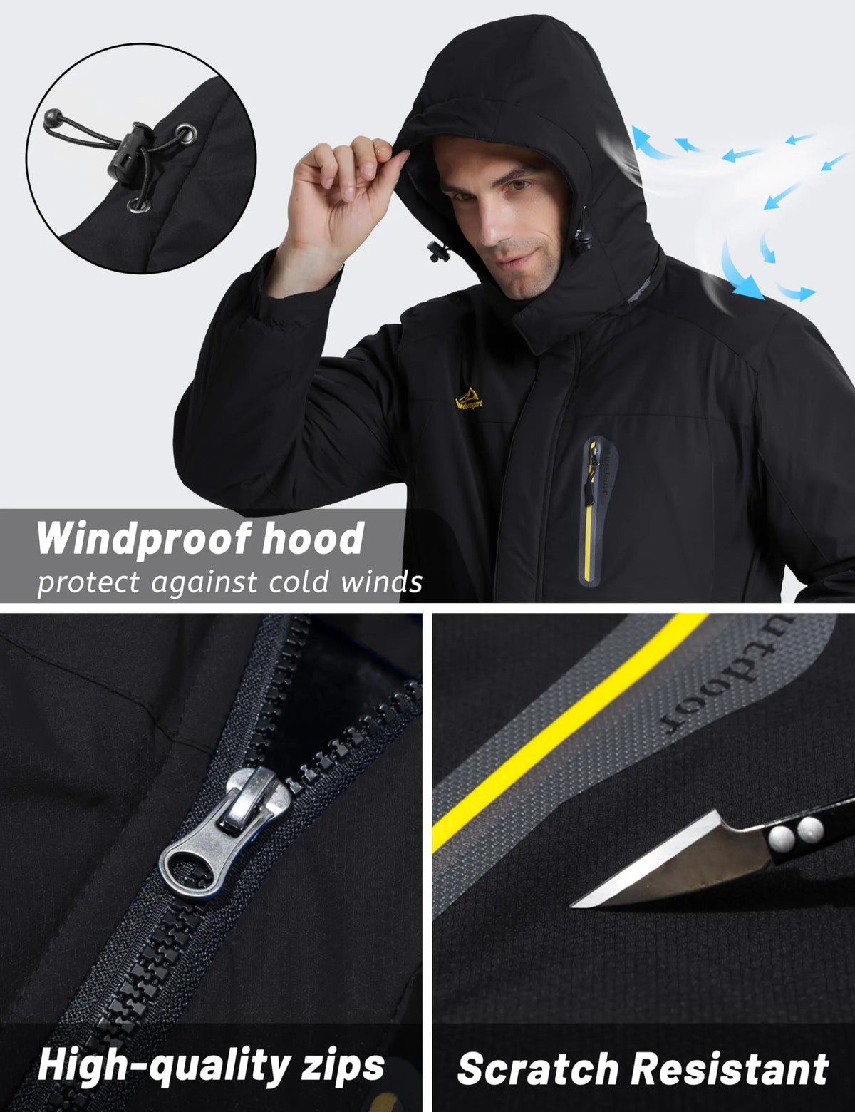 Men's Winter Jacket Waterproof Windproof Fleece Lined Parka Warm Thermal Coat with Removable Hood Outdoor Ski Snowboard Jacket