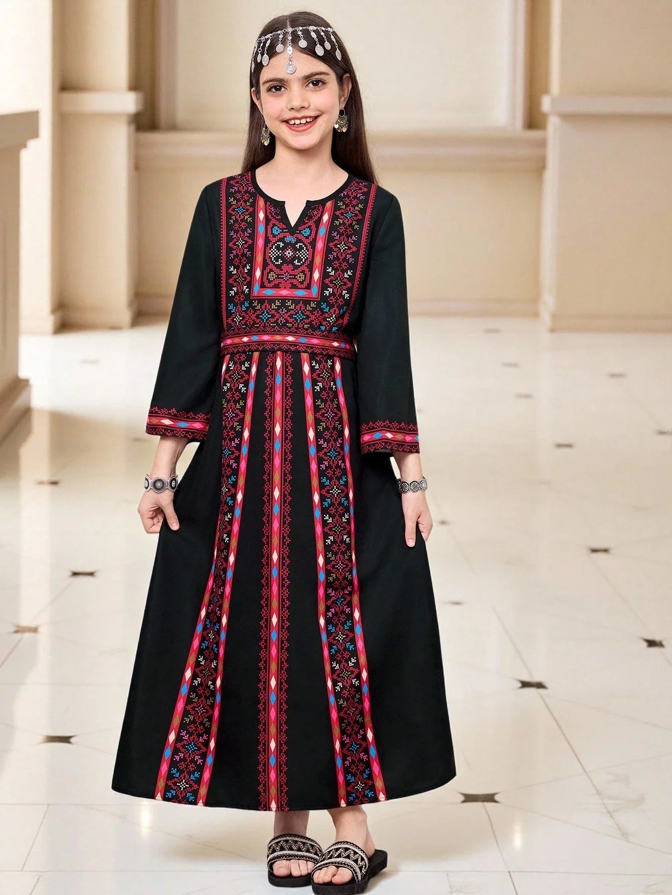 Black Embroidered Maxi Dress With Geometric Pattern, A-Line Long Sleeve, Bohemian Style