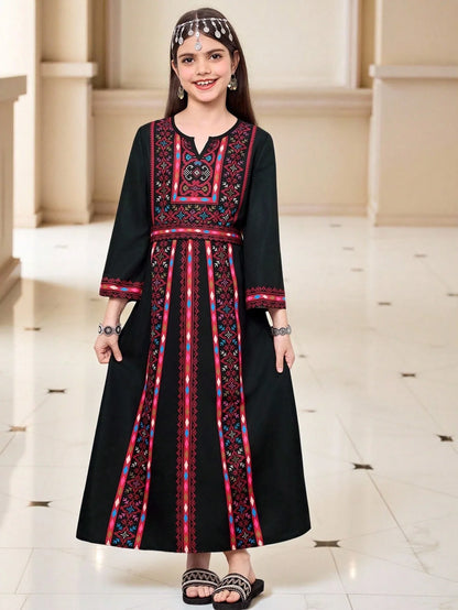 Black Embroidered Maxi Dress With Geometric Pattern, A-Line Long Sleeve, Bohemian Style