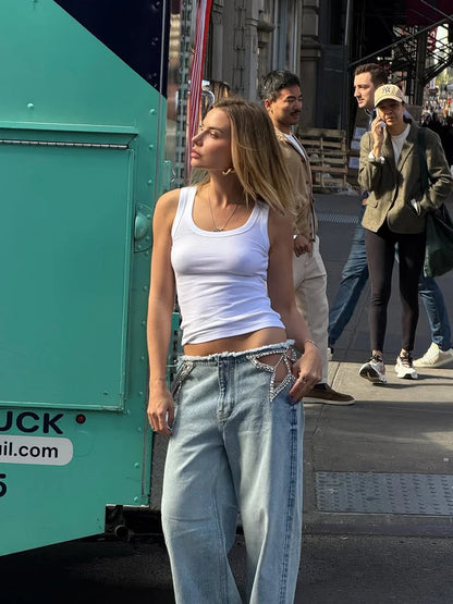 Y2K Rhinestone Fringed Jeans Women Low Waist Wide Legs Hollow Out Denim Pants Female 2026 Summer New Chic Soft Streetwears