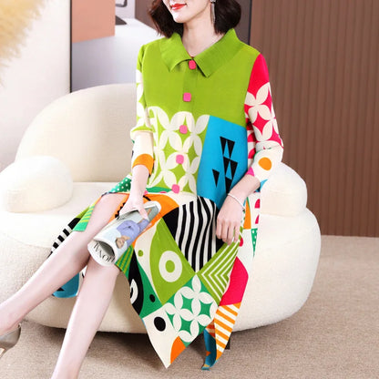 Miyake Pleated Dress Women 2024 Spring New High-End Design Sense Printing Lapel 3/4 Sleeve Single-breasted Fashion Shirt Dresses