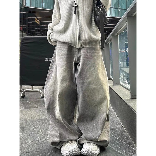 American Fashion New Gray Oversized Denim Pants Retro Wash Loose High Waist Trousers Harajuku Simple Casual Wide Leg Jeans
