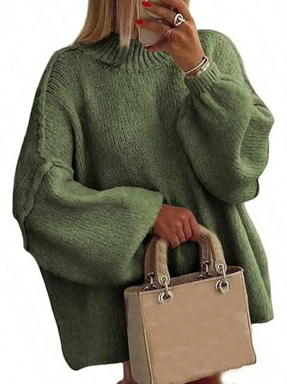 Women's Oversized Pullover Sweaters  Fall Winter Mock Neck Lantern Sleeve Crochet Casual Knitted Jumper Tops Solid Color Loose Blouse