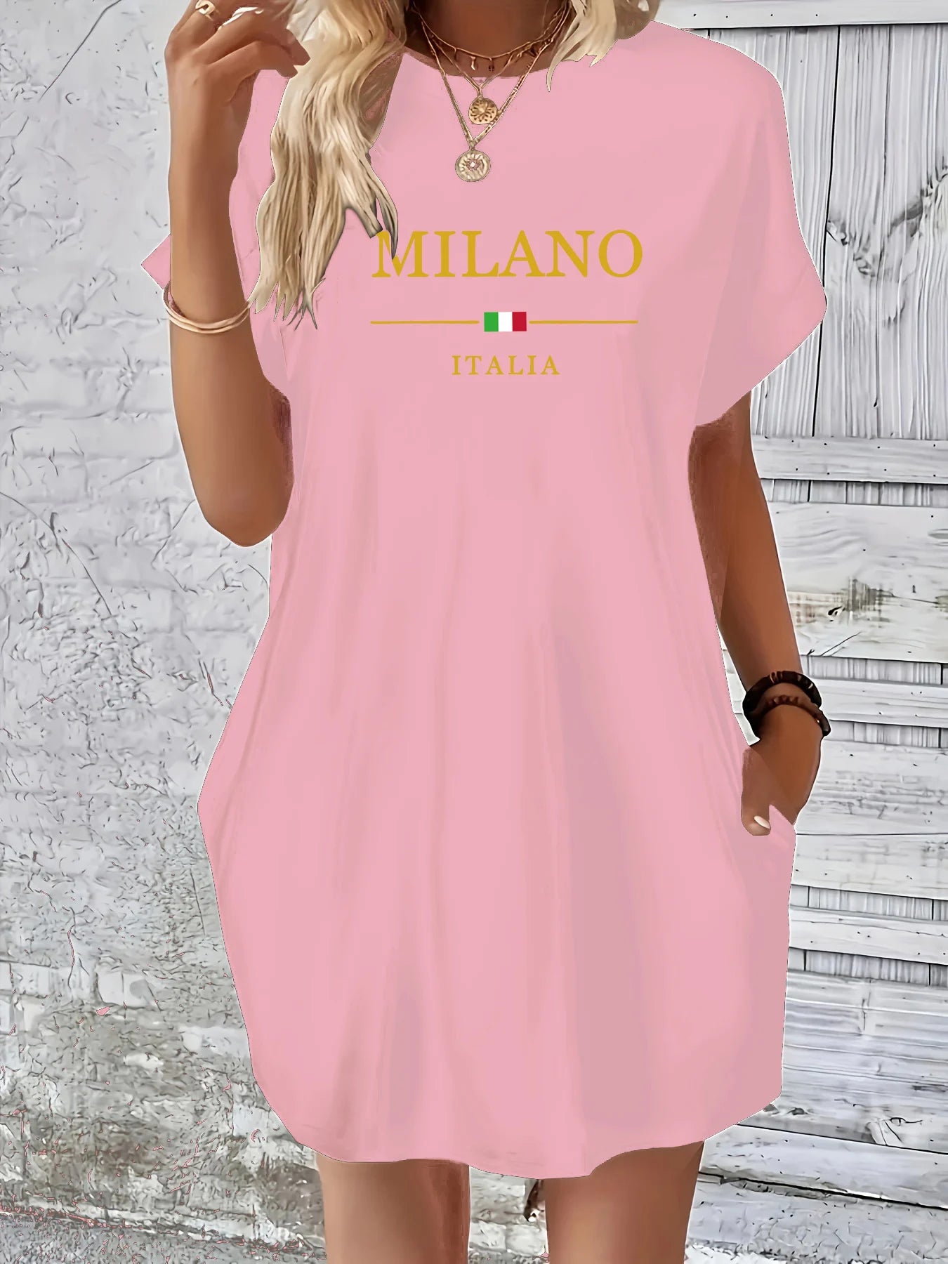 Ladies' summer loose MILANO ITALIA letter pattern printed round neck short sleeved pocket comfortable casual plus size dress