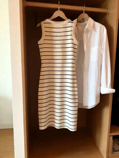 Women's Spring/Summer Casual Elegant Sleeveless Slim-Fit Round Neck Striped Print Dress