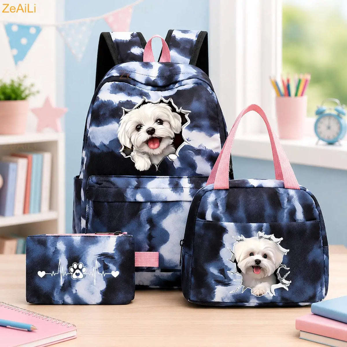 3pcs White Puppy Maltese Dog Colorful Backpack with Lunch Bag for Women Student Teenagers Rucksack Casual School Bags Sets
